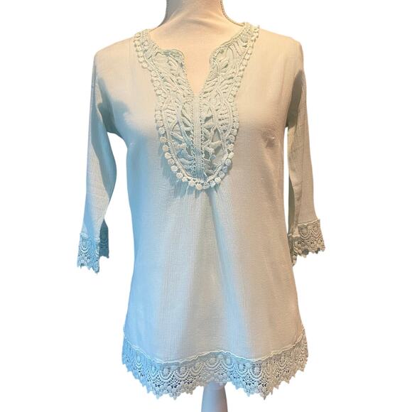 Krazy Kat Mint green blouse Crochet details Boho Cottage Office Feminine Pretty - Picture 1 of 6